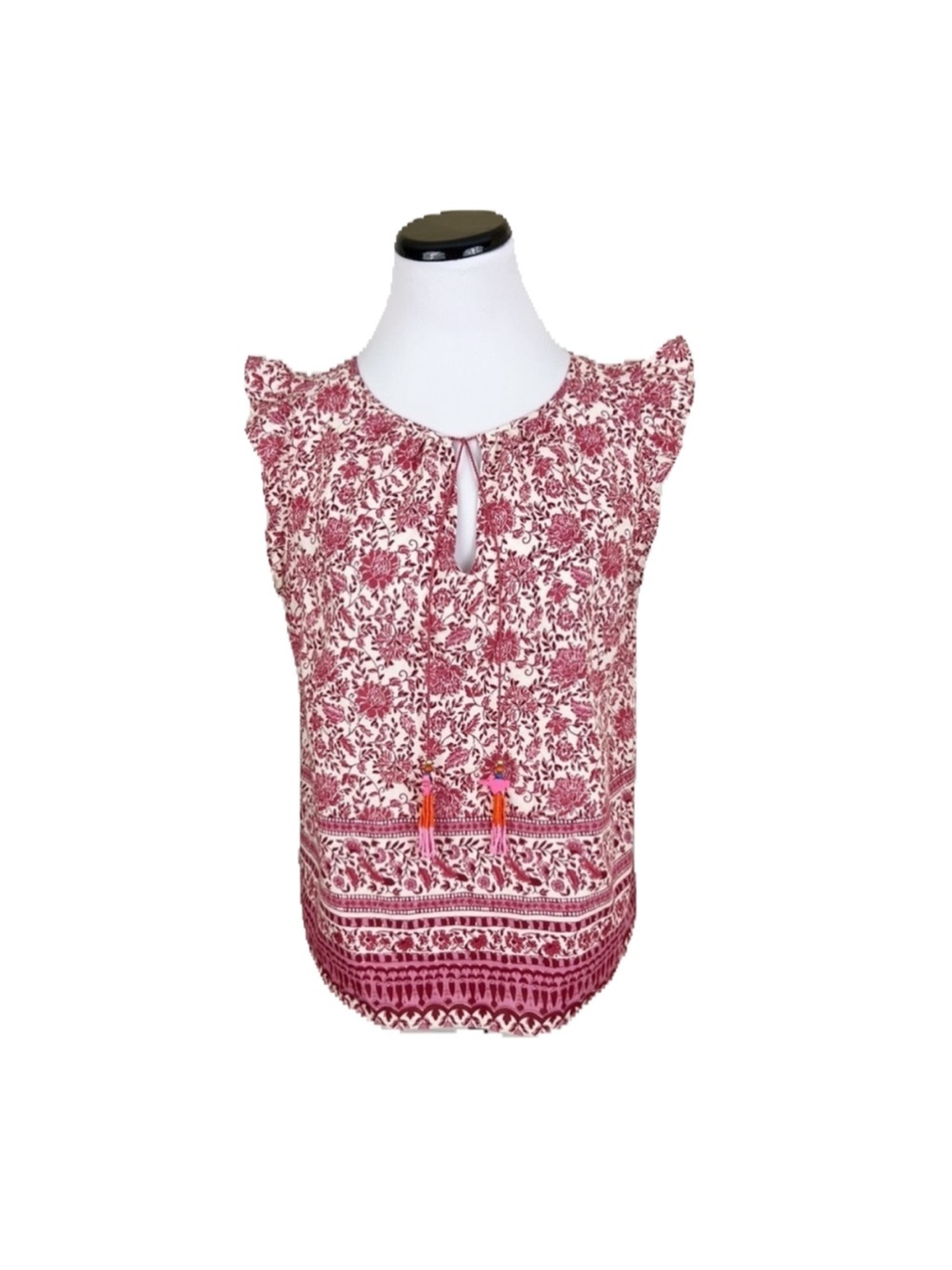 C&C California Floral Tie Neck Beaded Bird Tassel Ruffle Cotton Size Medium